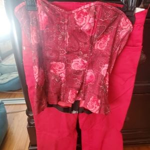 Petite floral Bustier and size 0 red jeans European designer